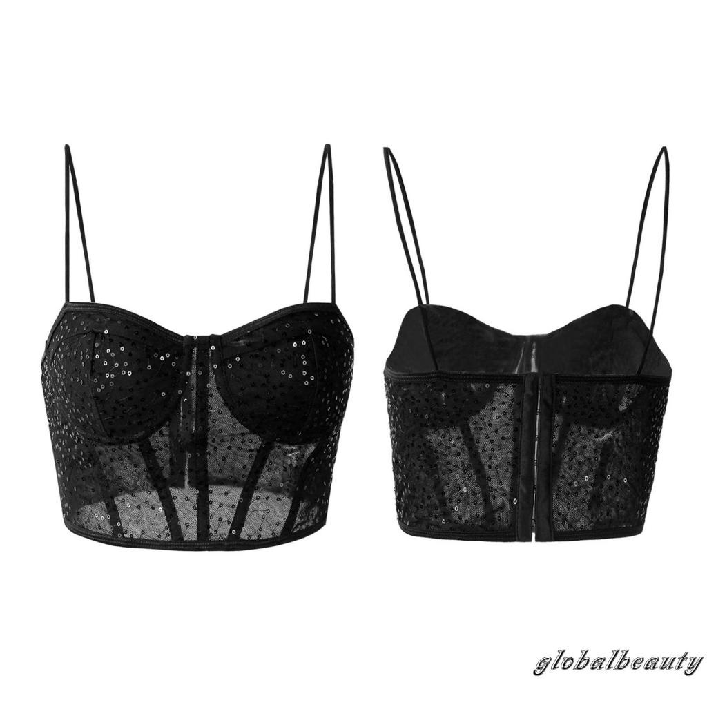 Áo Croptop Lưới Không Tay Hở Lưng Khoét Sâu Đính Kim Sa Lấp Lánh Thời Trang Mùa Hè Cho Nữ