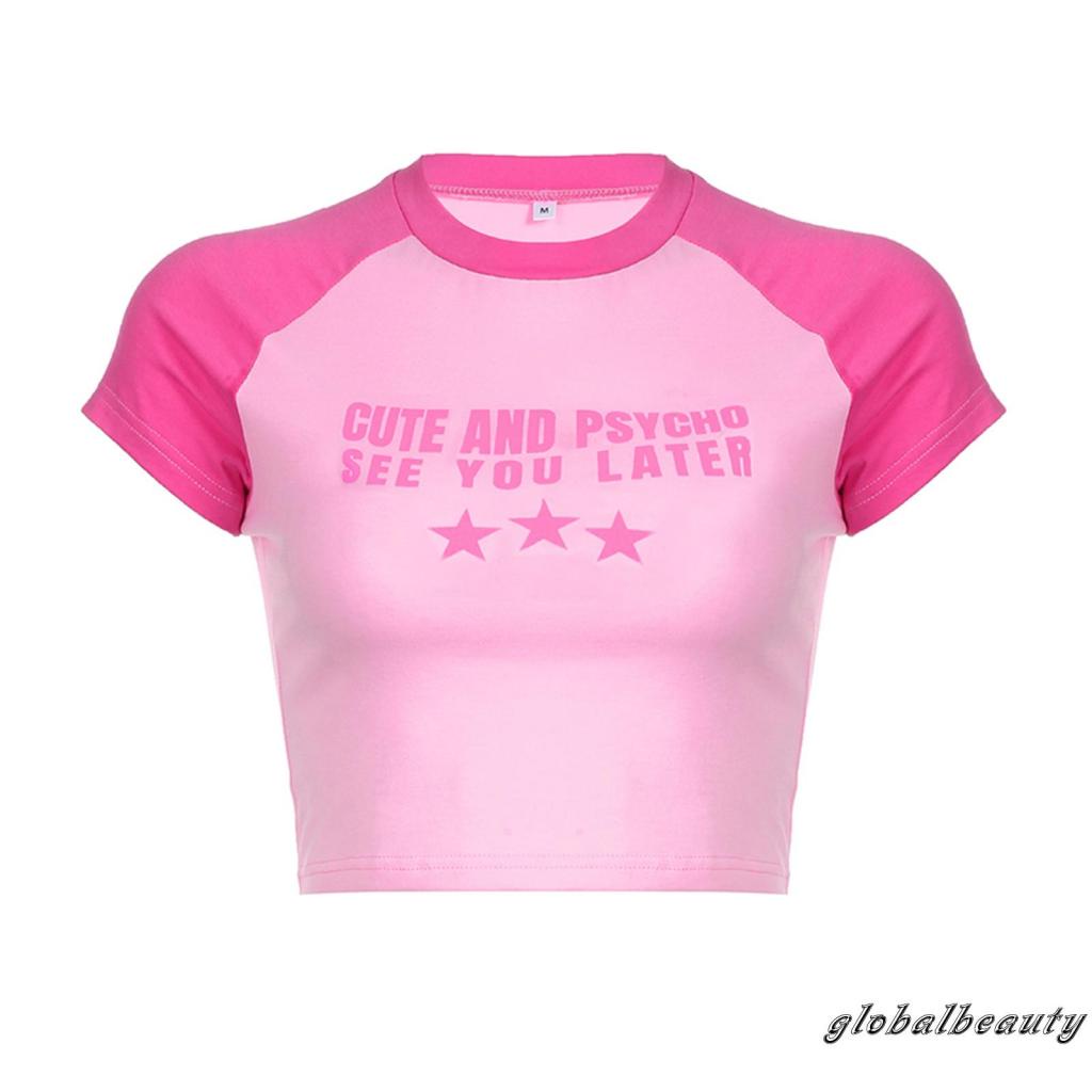 Áo Thun Croptop Tay Ngắn Màu Sắc Tương Phản In Chữ Thời Trang Mùa Hè Dành Cho Nữ