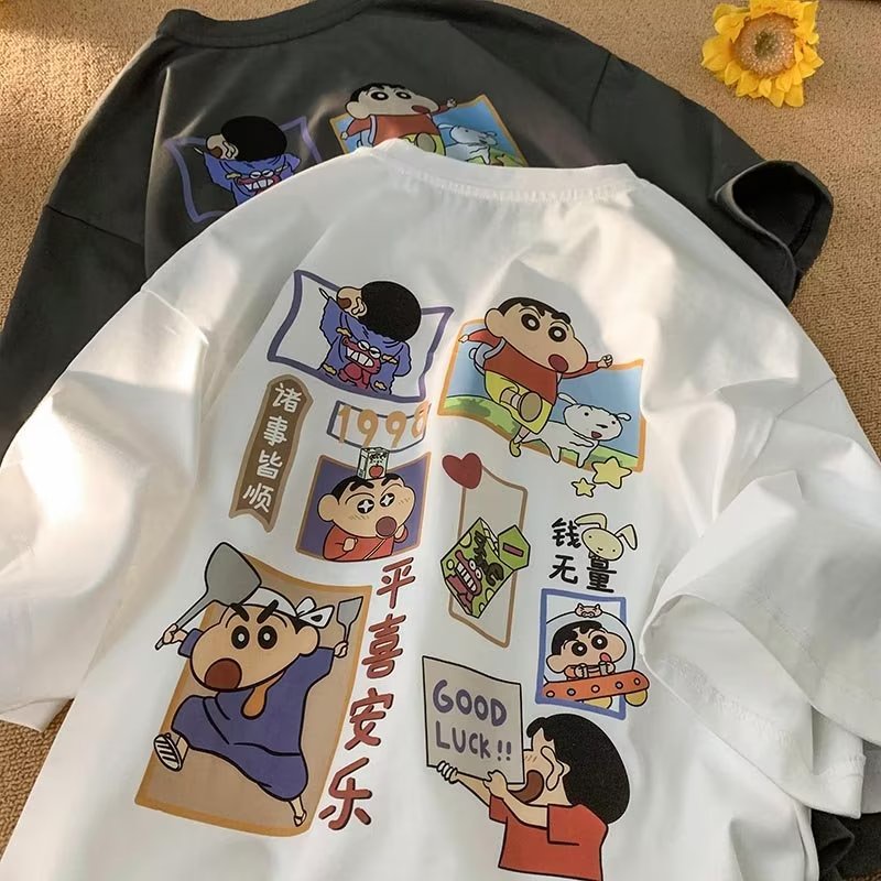 Áo Thun Tay Ngắn Dáng Rộng In Hình Cậu Bé Bút Chì Shin Phong Cách Hip hop Hàn Quốc Thời Trang Cho Nam Và Nữ Plus Size M-8XL