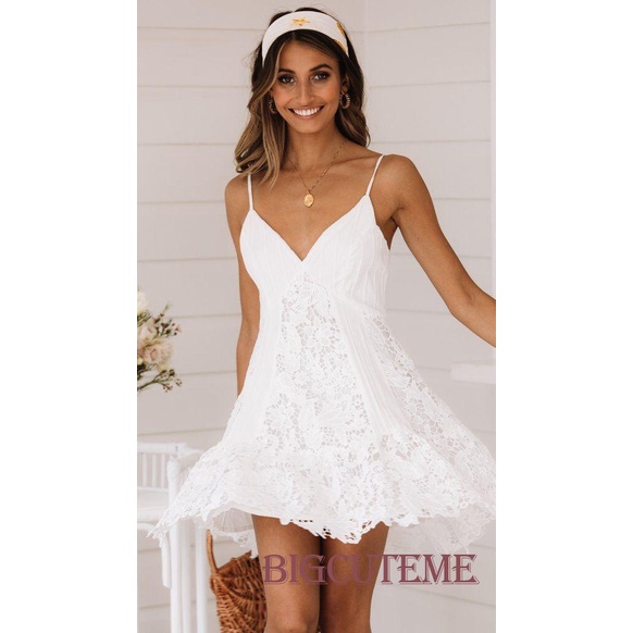 [] - Đầm Hai Dây Cổ Chữ V Màu Trắng Trơn Mini Thời Trang Mùa Hè Cho Nữ