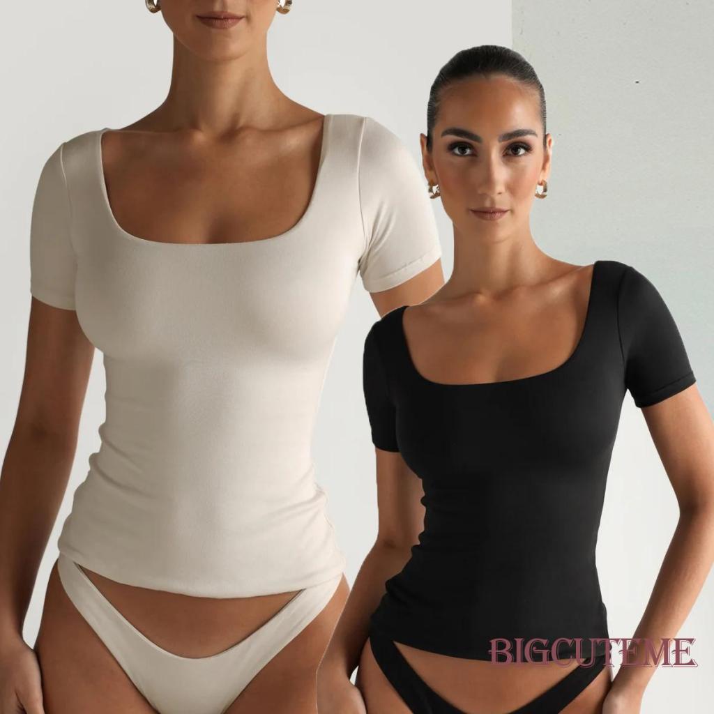 Áo Thun Tay Ngắn Cổ Vuông Màu Sắc Đơn Giản Dành Cho Nữ