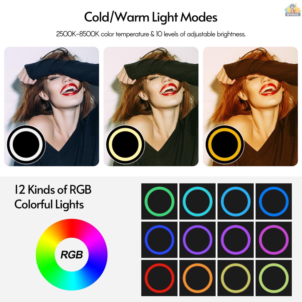 ANDOER Vòng Đèn LED 18 Inch RGB 2500K-8500K Cảm Ứng Điều Chỉnh Được + 190cm / 75in Kẹp Điện Thoại Linh Hoạt + Dây Điện Thoại