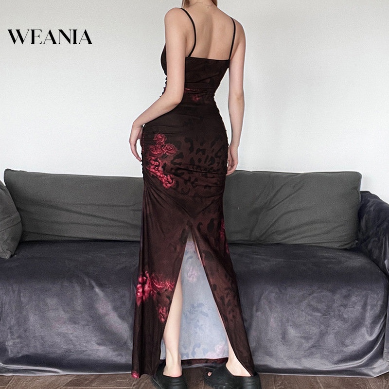 Đầm Dài Xẻ Tà In Họa Tiết Phong Cách Retro Cho Nữ