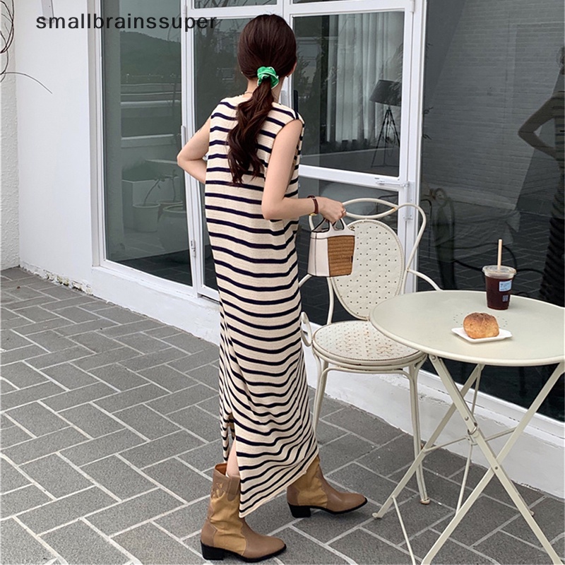 Đầm Dài Không Tay Họa Tiết Kẻ Sọc Đơn Giản Phong Cách Hàn Quốc Cho Nữ SBS