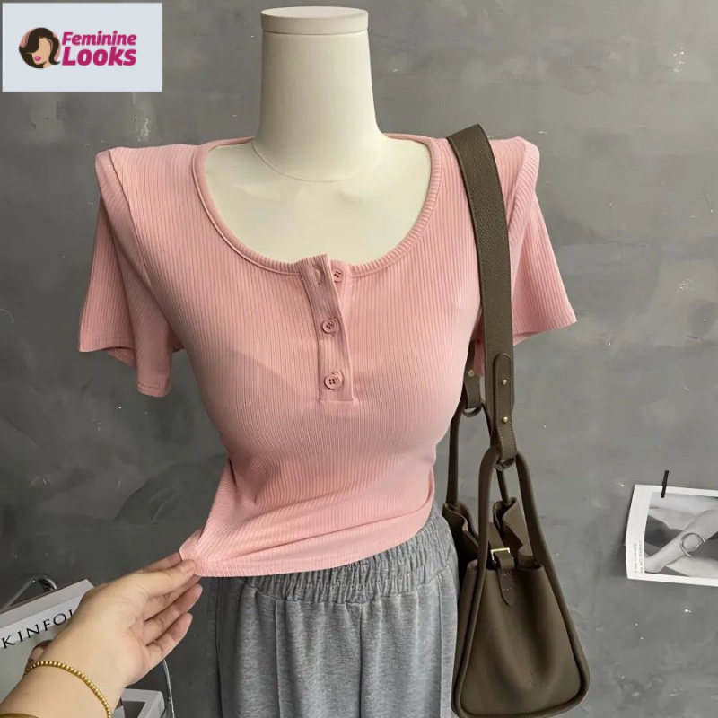 Áo Thun Ngắn Tay Cổ Chữ U Dáng Ôm Thời Trang Hàn Quốc