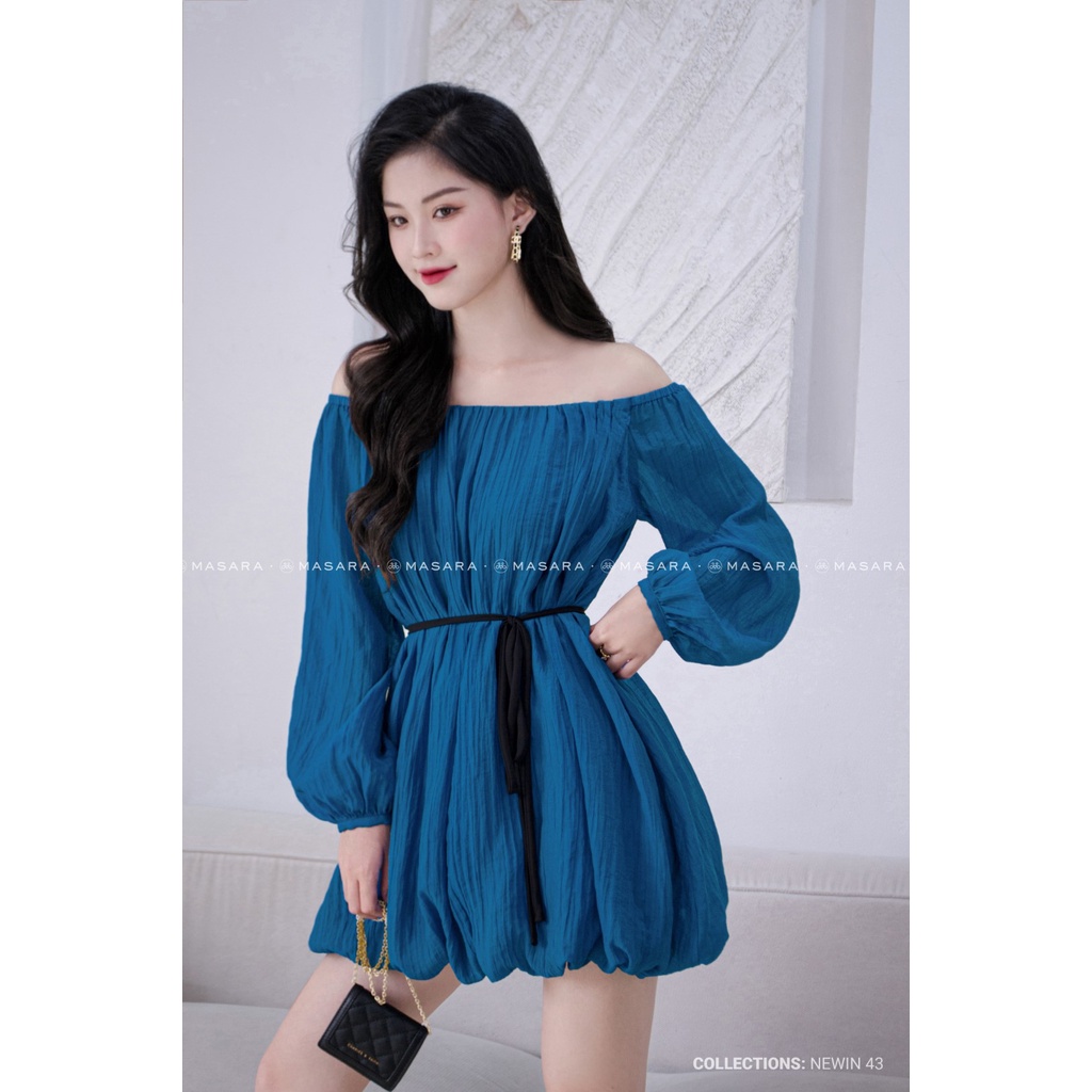 ĐẦM BÍ XANH CỔ VỊT + DÂY NƠ THIẾT KẾ BẸT VAI CÓ DÂY THẮT NƠ MÀU ĐEN RỜI