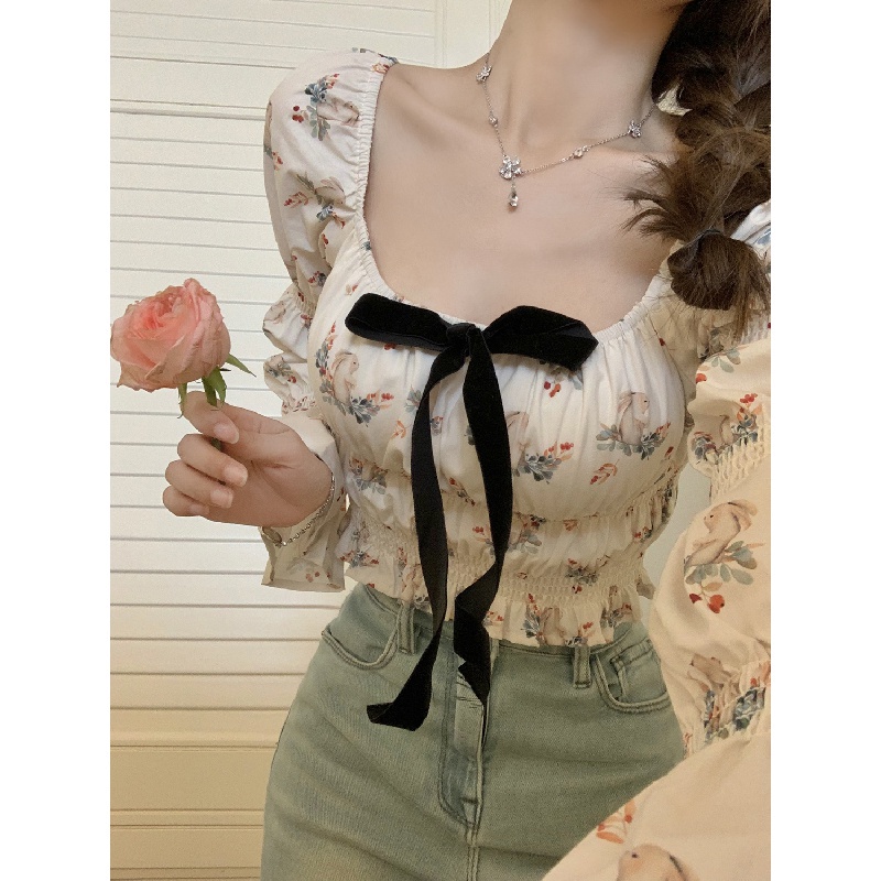 New French square collar Rabbit printed shirt girls design sense niche top Western style young and beautiful shirt