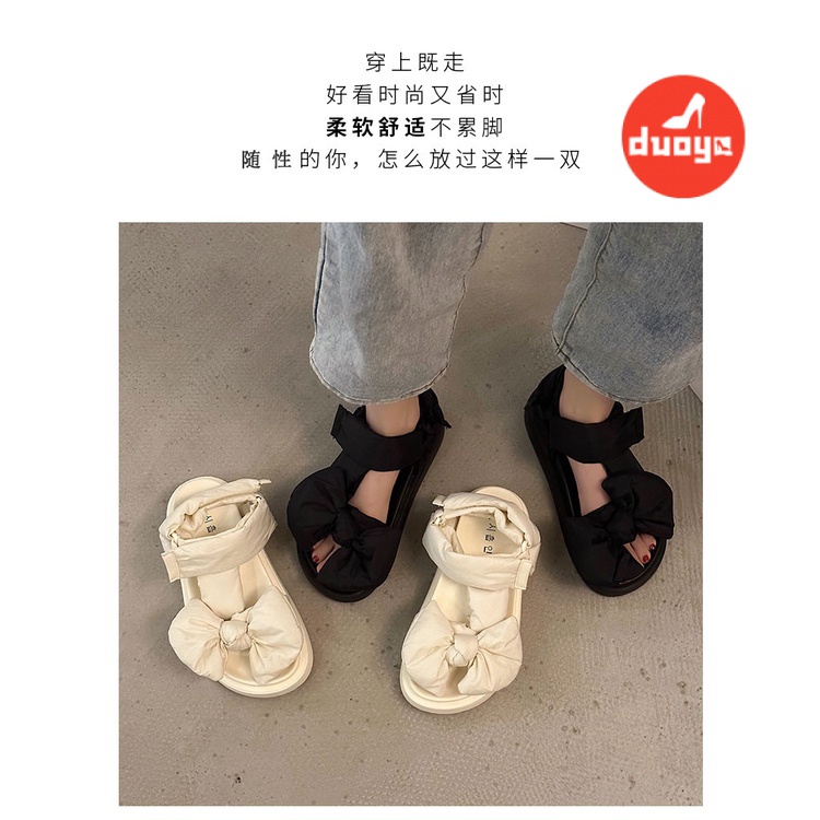 Duoya Tóc Thẳng ~ [Hàng Có Sẵn] Giày Sandal Hở Ngón Đế Dày Bằng Da Satin Đính Nơ Mùa Hè Tăng Chiều Cao Cho Nữ Miễn Phí Vận Chuyển