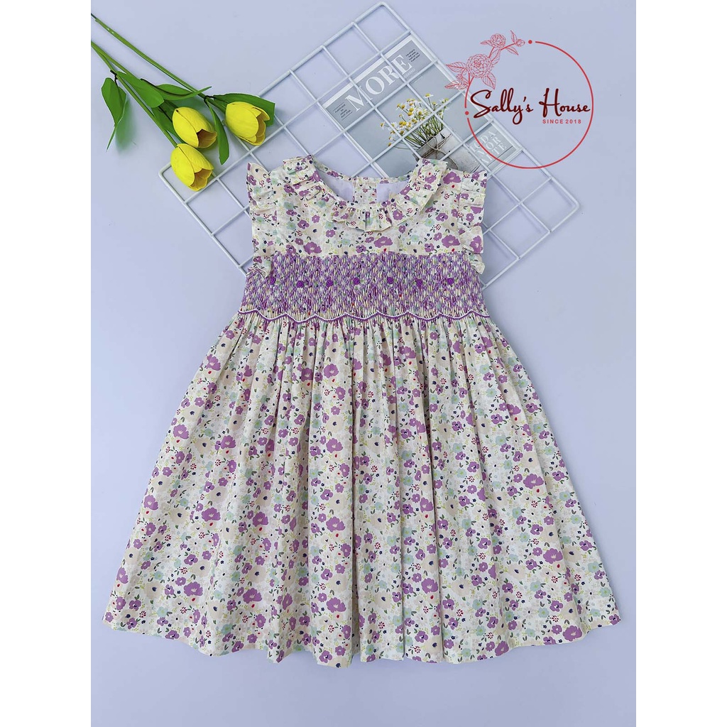 Đầm cho bé gái, đầm smock hoa tím, cổ bèo, đầm xích móc cho bé gái, vải cotton mềm mịn, đầm hai lớp.