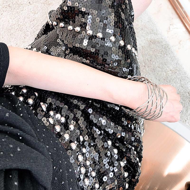 Chân Váy Đen Đính Sequin Lấp Lánh Thời Trang Vintage Cho Nữ