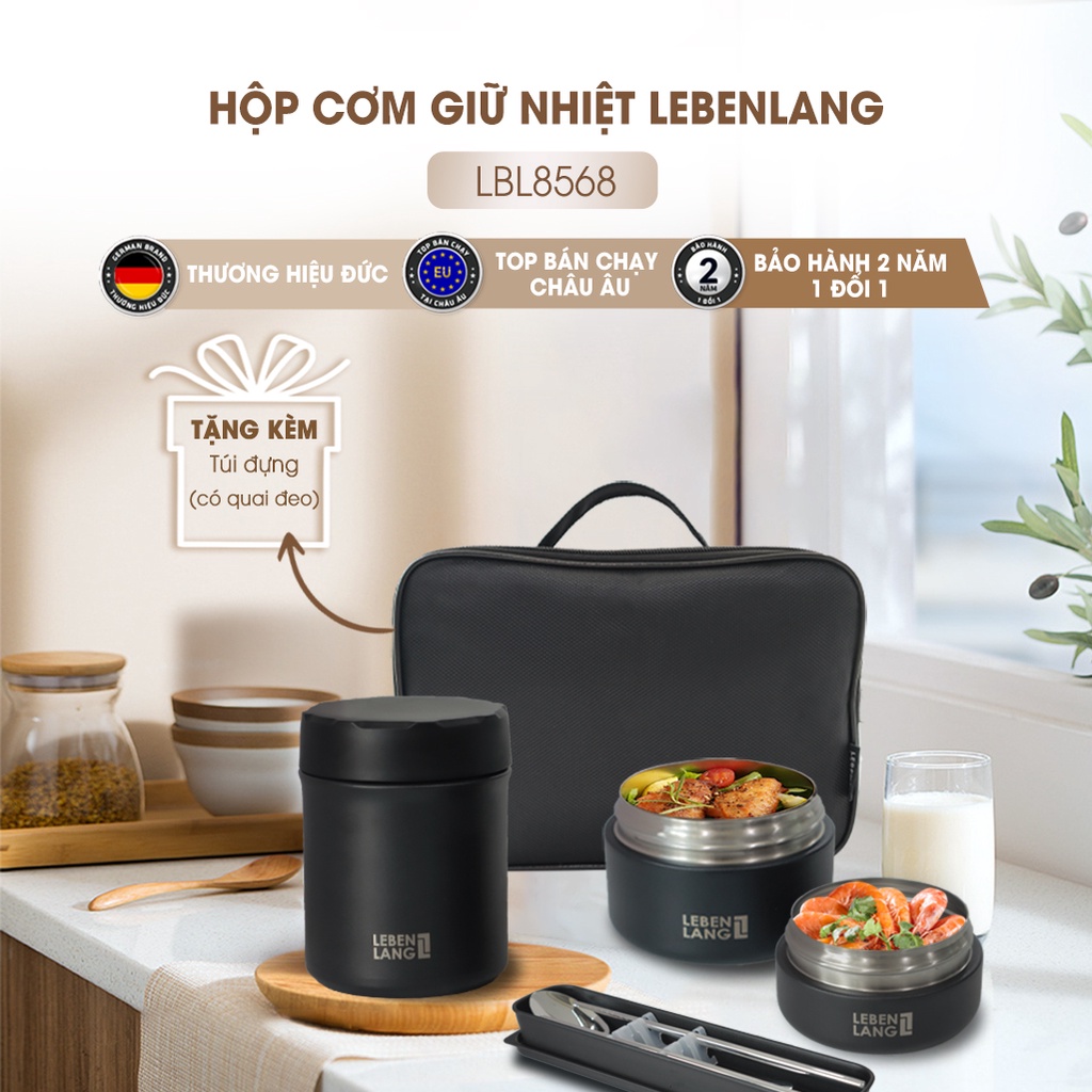 Hộp đựng cơm giữ nhiệt chân không bằng inox LEBENLANG LBL8568, 3 hộp riêng biệt, TẶNG kèm túi đựng giữ nhiệt-chính hãng