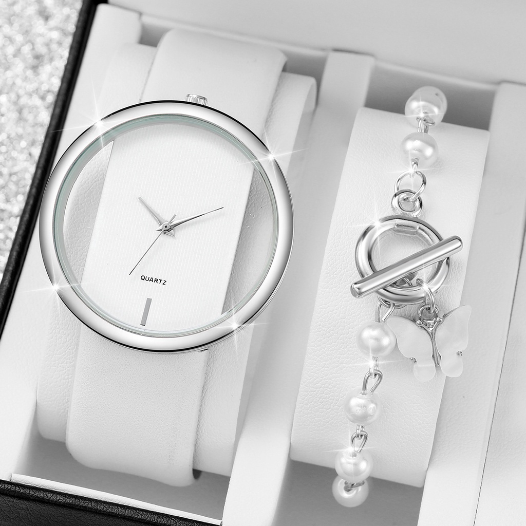 Đồng Hồ Nữ Dây Da Mặt Tròn Đính Hạt Giả Ngọc Trai Thời Trang