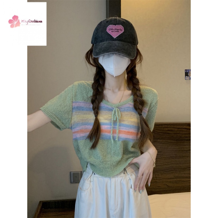 Áo Sweater Dệt Kim Kẻ Sọc Cầu Vồng Phối Nơ Phong Cách Thời Trang Mới 2023