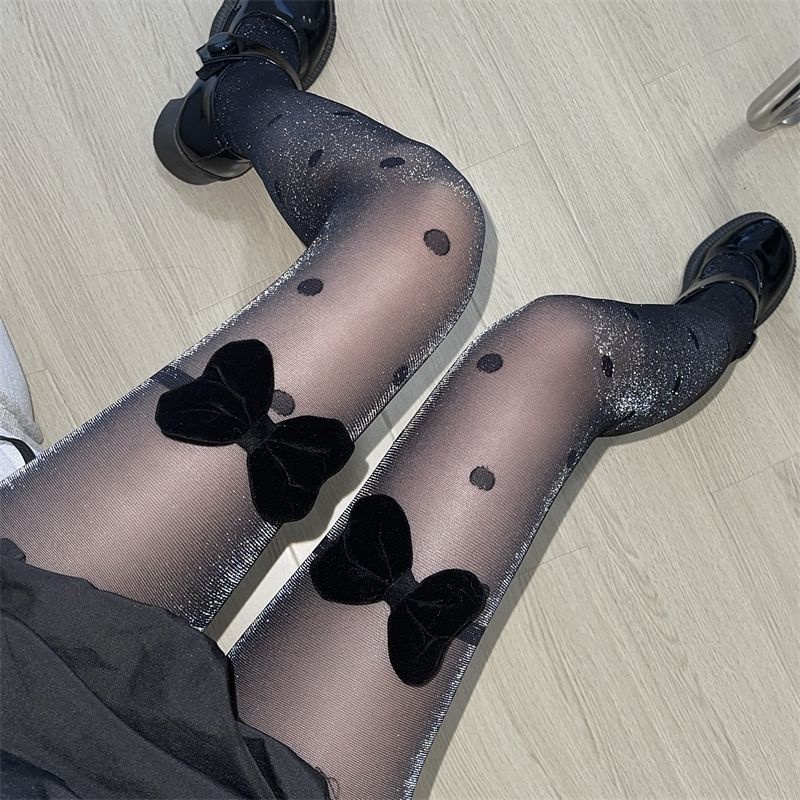 [F &amp; X] Quần Tất Lụa Jacquard Mỏng Đính Nơ Họa Tiết Chấm Bi Đen / Bạc Quyến Rũ Phong Cách Mùa Hè Y2k Nóng Bỏng Cho Nữ