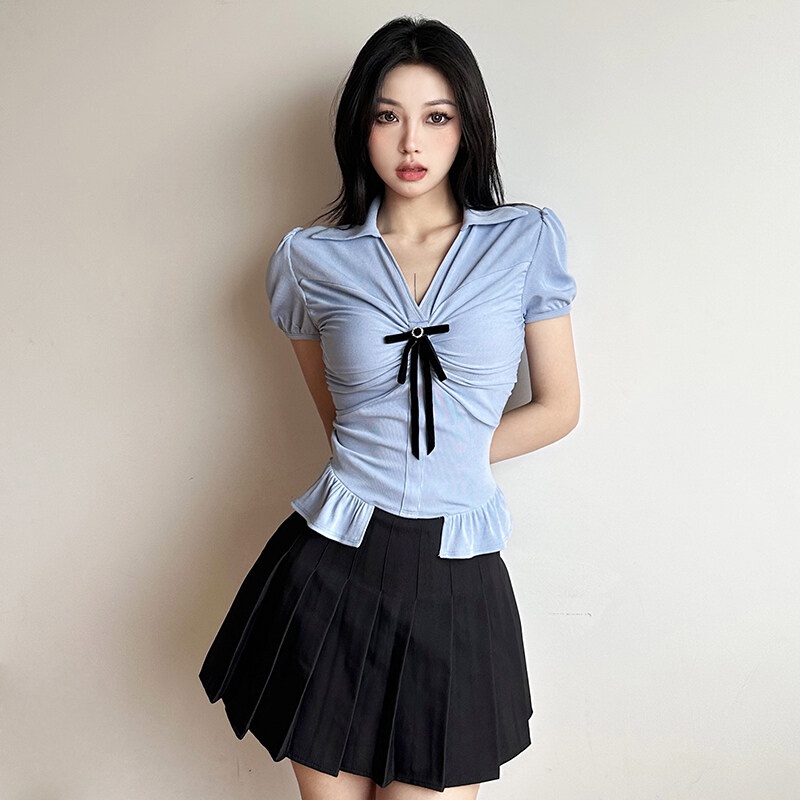Weird Puss Áo Thun Crop Top Tay Ngắn Cổ Chữ V Trang Trí Nơ Phong Cách Hàn Quốc Dễ Thương Dành Cho Nữ