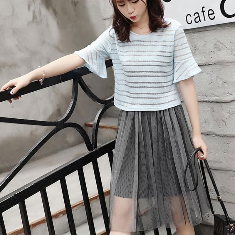 Bộ Đầm Hai Dây Phối Lưới Ôm Eo Cỡ Lớn Thời Trang Mùa Hè