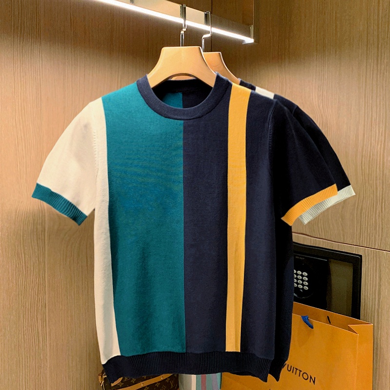 Áo thun Âu Mỹ Xu hướng Cá tính Sọc Màu Phù hợp với Nam giới Ngắn tay Mùa hè Phong cách phương Tây Thời trang Tất cả phù hợp Nam dệt kim cổ tròn mỏng