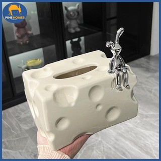 Hộp đựng giấy gốm sứ màu trắng kem, màu bạc hình miếng phomai kèm chú thỏ cao cấp