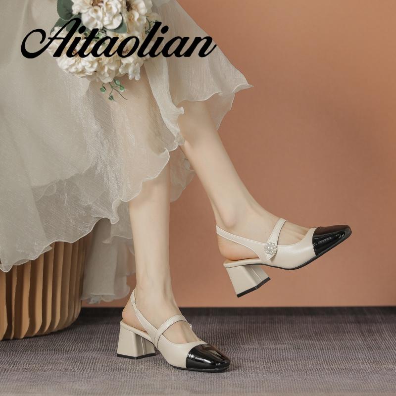 Xăng đan Cao Gót 5cm Bằng Da Thật Mũi Tròn Đế Mềm Màu Trơn Cho Nữ