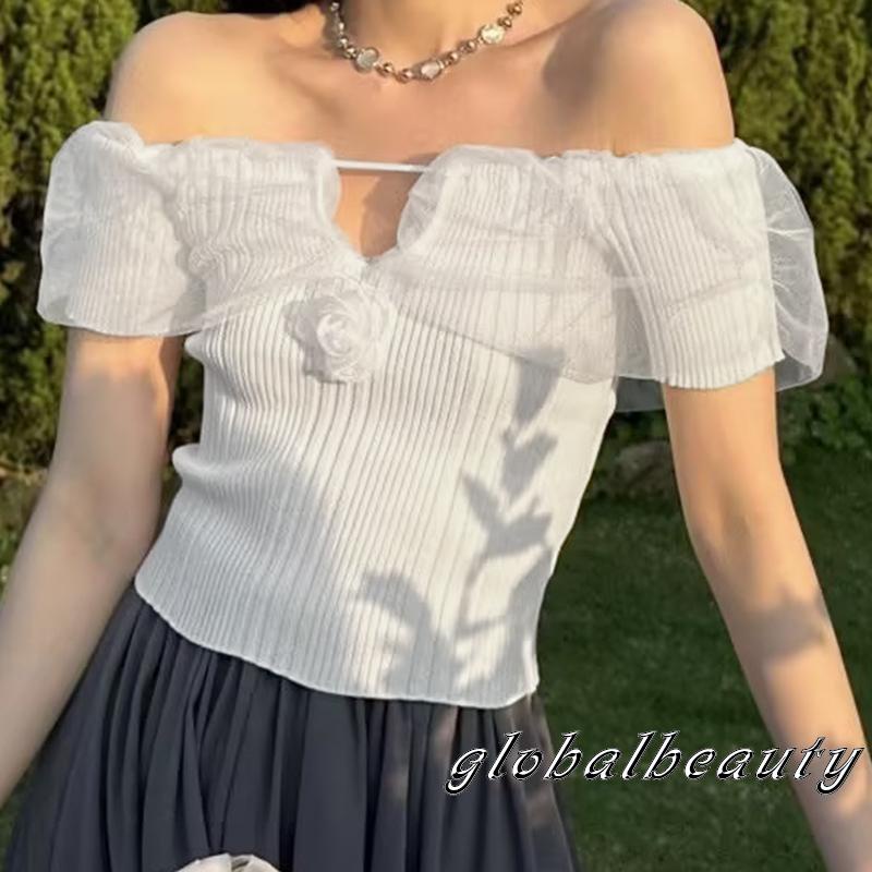 Áo Thun Tay Ngắn Hở Vai Màu Trơn Họa Tiết Hoa 3D Dành Cho Nữ