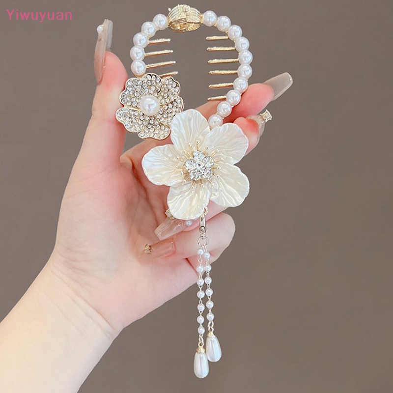< Yiwuyuan > Kẹp Tóc Đuôi Ngựa Đính Kim Cương Giả Hình Hoa Trà Đính Ngọc Trai Thời Trang Mới Cho Nữ