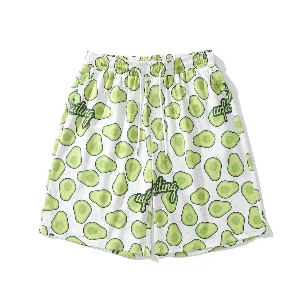 Macadamia Quần Short Thể Thao Đi Biển Dáng Rộng In Họa Tiết Quả Bơ Màu Xanh Lá Cho Nam Và Nữ