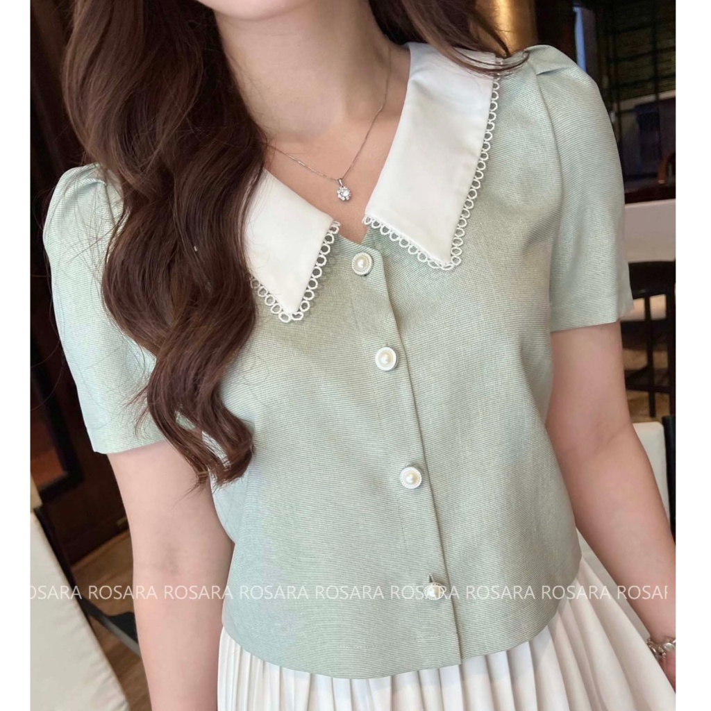 Áo Sơ Mi Xanh Cộc Tay Cổ Bẻ Viên Ren Thời Trang Nữ Rosara SM118