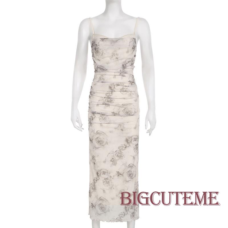 Đầm Hai Dây Mùa Hè In Hoa Xẻ Tà Sau Lưng Phong Cách Cổ Điển Cho Nữ