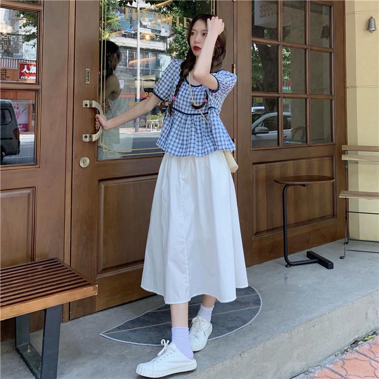 Set Áo Sơ Mi Caro Và Chân Váy Lưng Cao Thời Trang Hàn Quốc Mới Cho Nữ
