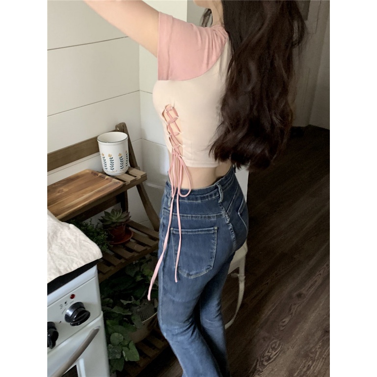 Áo baby tee Thun croptop Lửng Ngắn Tay Thắt Dây Eo Màu Sắc Tương Phản Dành Cho Nữ