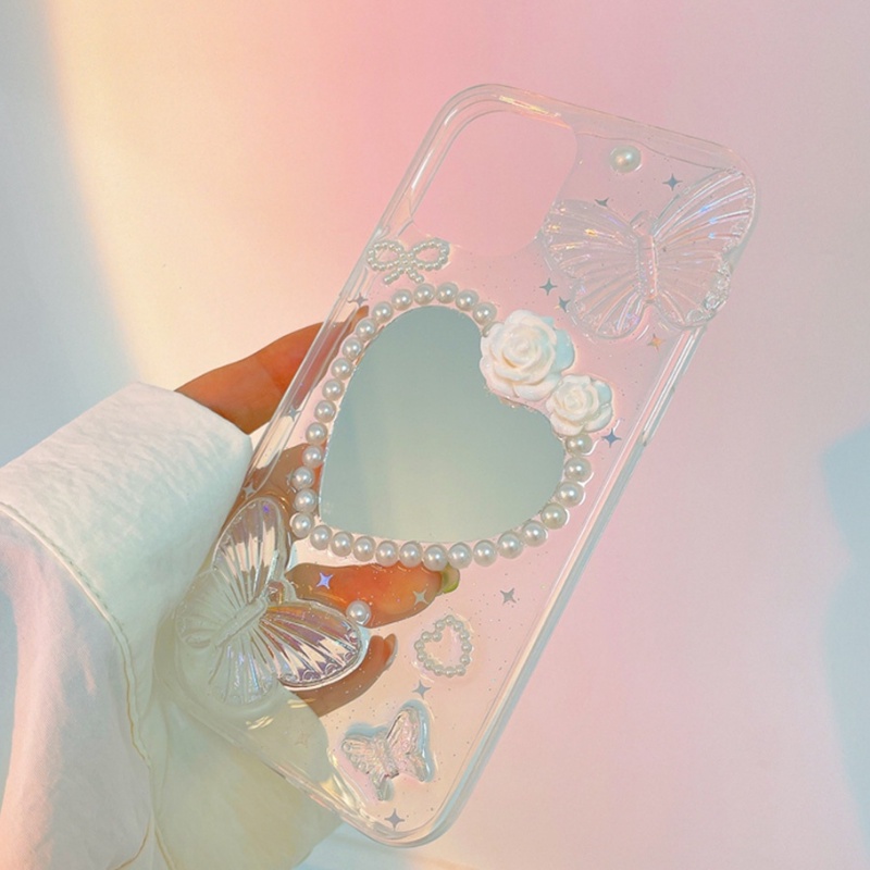 Ốp Điện Thoại TPU Dẻo Gắn Gương Trang Điểm Hình Trái Tim Bướm 3D Cho IPhone 14 Pro Max 13 12 11 Pro Max X XS