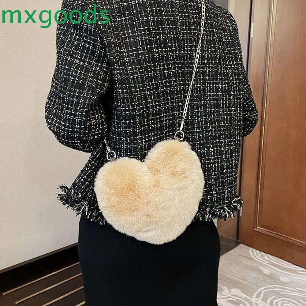 Túi Đeo Vai Hình Trái Tim Bằng Lông Giả Mềm Mại Phối Dây Xích Thời Trang Cho Nữ