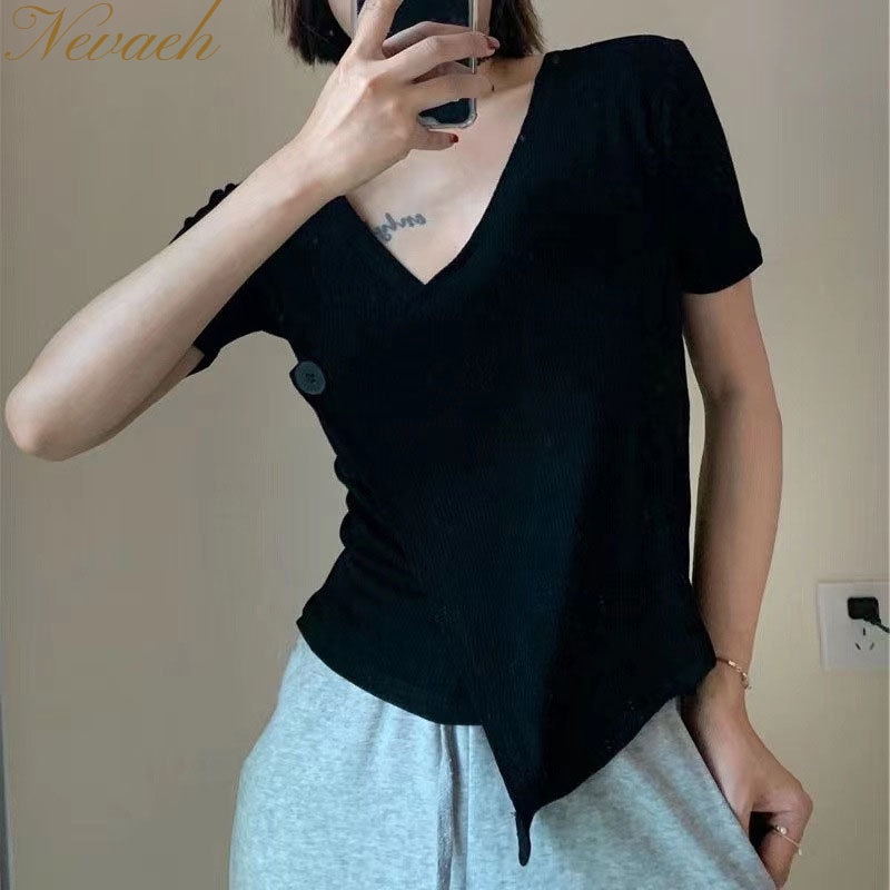 Áo Thun Tay Ngắn Cổ Chữ V Dáng Ôm Thời Trang Mùa Hè Hàng Mới 2023 Dành Cho Bạn Nữ