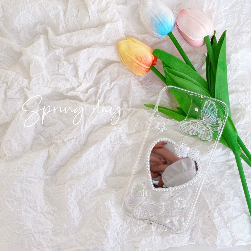 Ốp Điện Thoại Mềm Trong Suốt Chống Sốc Gắn Kèm Gương Hình Bướm / Hoa Hồng 3D Dành Cho iPhone 14 13 12 11 Pro Max 14 Plus