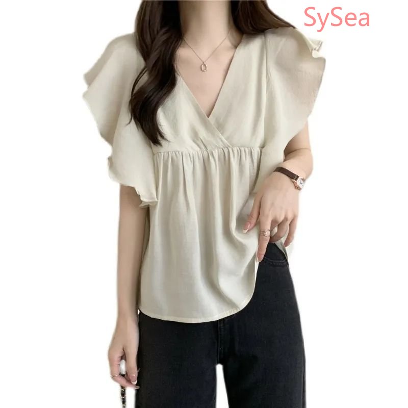Plus Áo Kiểu Tay Phồng Cổ Chữ V Phong Cách Hàn Quốc Thanh Lịch Cho Nữ