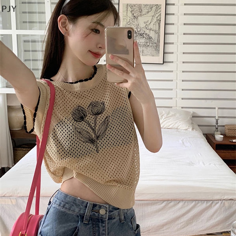 Áo Dệt Kim Sát Nách Dáng Rộng In Hoa Khoét Rỗng Kiểu Retro Thời Trang Mùa Hè Cho Bạn Gái PJ