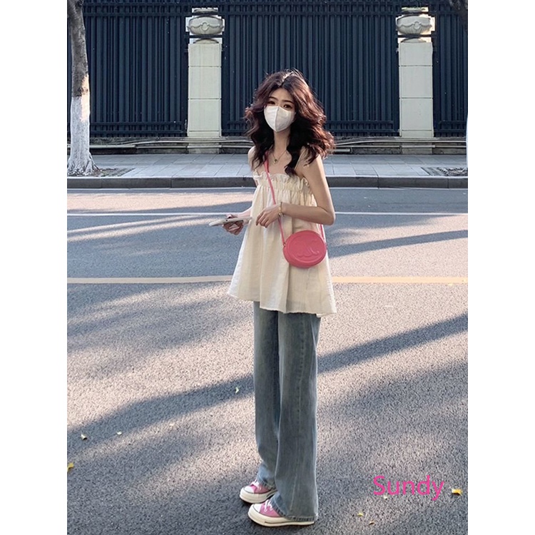 Áo Hai Dây Dáng Suông Màu Trắng Phong Cách Pháp Cổ Điển Thời Trang Mùa Hè Mới Cho Nữ