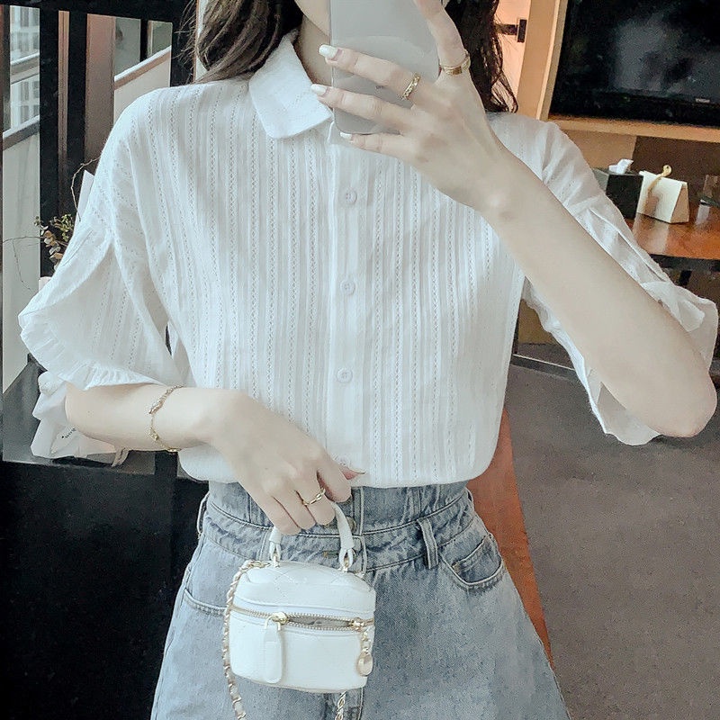 Áo Sơ Mi Cotton Trắng Tay Ngắn Dáng Rộng Thời Trang Mùa Hè 2023 Mới Cho Nữ