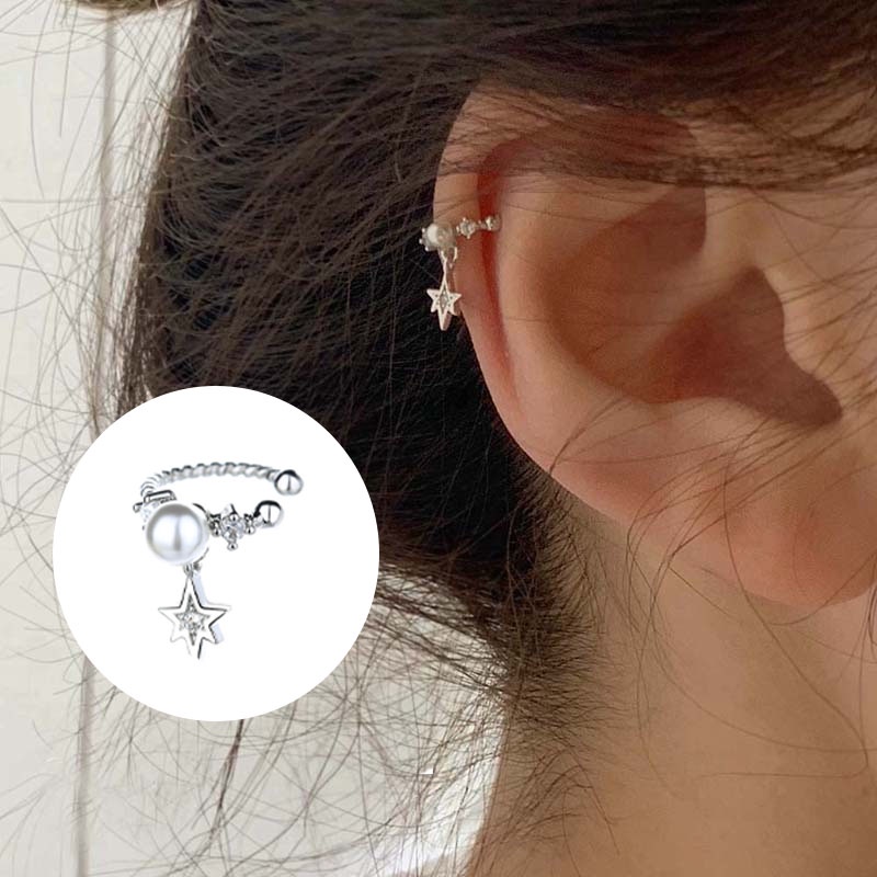 Khuyên Kẹp Xỏ Tai Đính Hạt Ngọc Trai Hình Ngôi Sao Sáu Cánh Mini Đơn Giản Thời Trang Cá Tính Cao Cấp Không Xỏ Lỗ