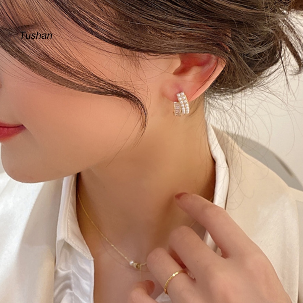 1 Đôi Bông Tai Ngọc Trai Giả Hai Lớp Đính Đá Thời Trang