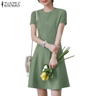 Đầm ZANZEA ngắn tay cổ tròn phối khóa kéo sau lưng phong cách Hàn Quốc cho nữ