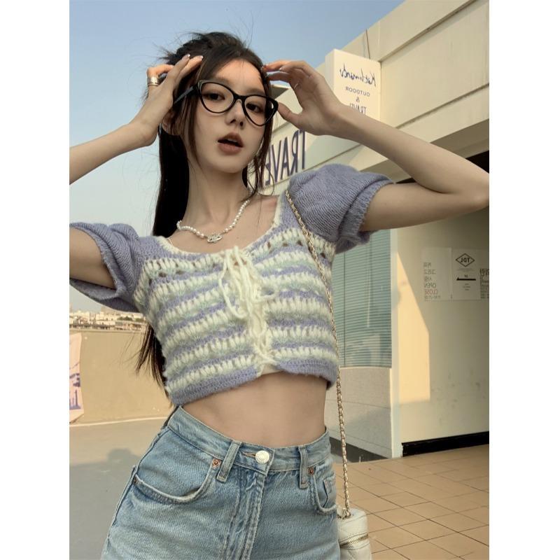 [F &amp; X] Áo Sweater Tay Phồng Cổ Vuông Thắt Dây Phong Cách Pháp Thanh Lịch Mùa Hè Cho Nữ