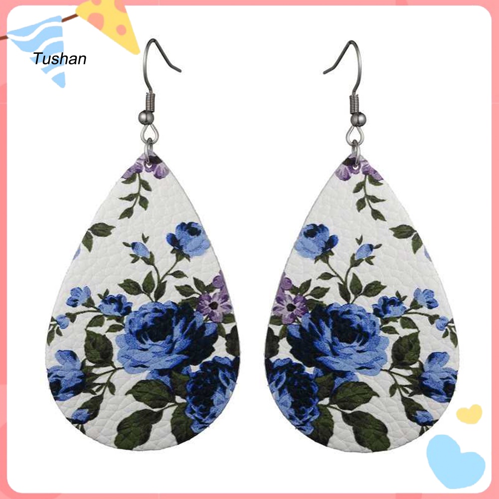 Đôi Khuyên Tai Dài Hình Giọt Nước In Hoa Chất Liệu Giả Da Thời Trang Cho Nữ