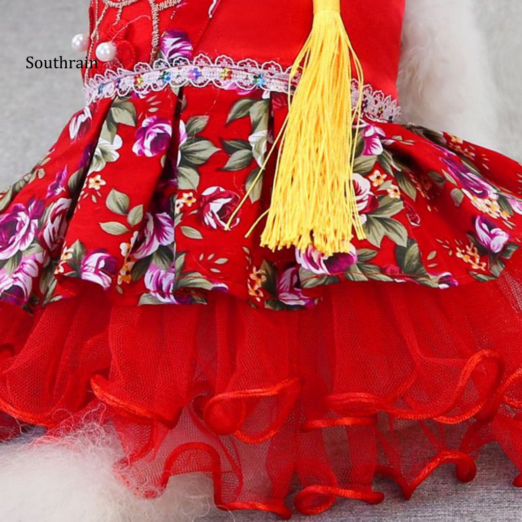 Đầm Hóa Trang Vải Tuyn Mềm Phối Tua Rua In Hoa Dễ Thương Cho Thú Cưng