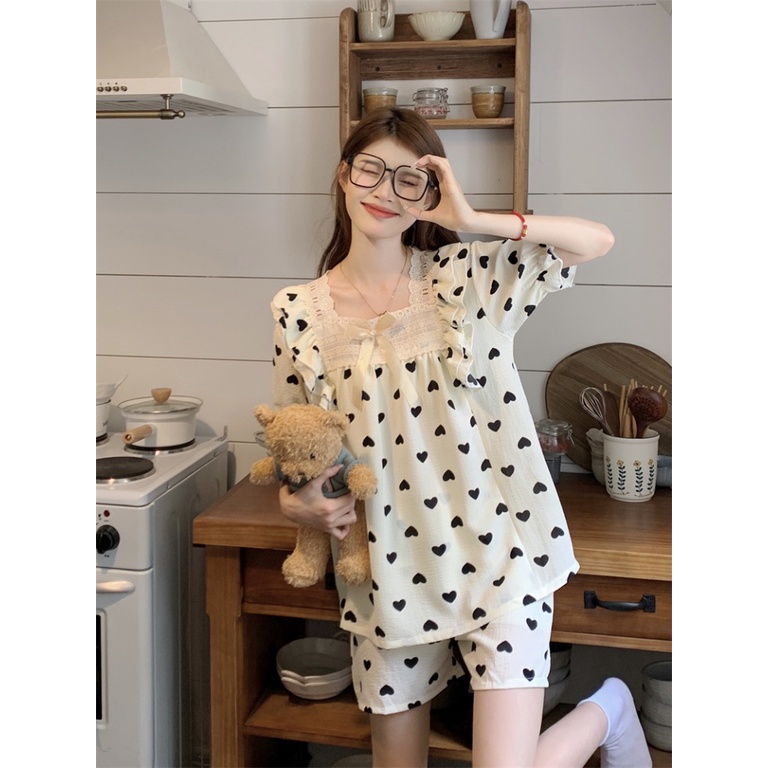 Bộ Đồ Ngủ Ngắn Tay Cổ Vuông Phối Ren Hình Trái Tim Dễ Thương Thoải Mái Cho Học Sinh