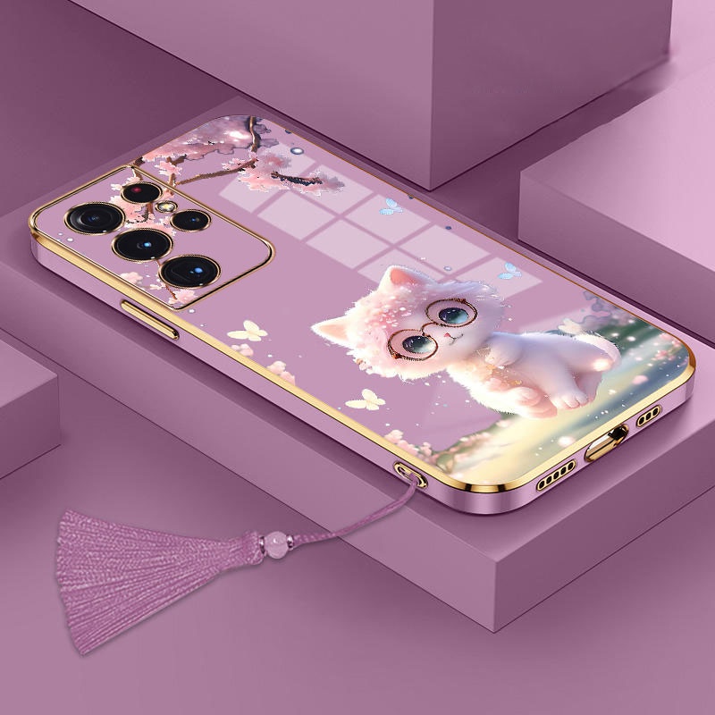 Ốp Điện Thoại TPU Silicon Mềm Mạ Viền Hình Mèo Kèm Dây Đeo Cho Samsung S23 Ultra S23 Plus S23