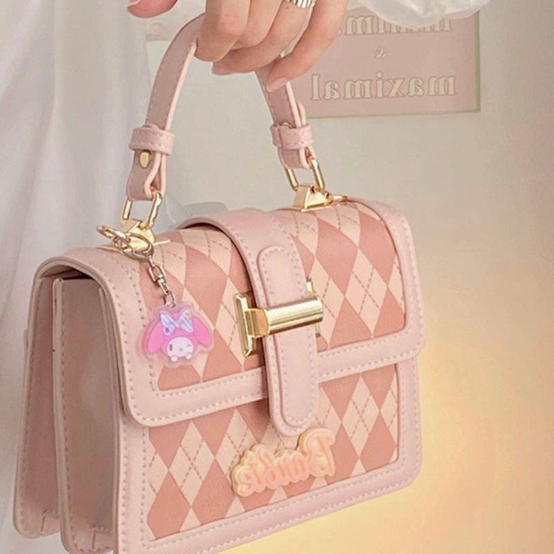 Túi Đeo Chéo Vai Hình Vuông Nhỏ Thêu Họa Tiết Hình Thoi Màu Hồng Dành Cho Nữ
