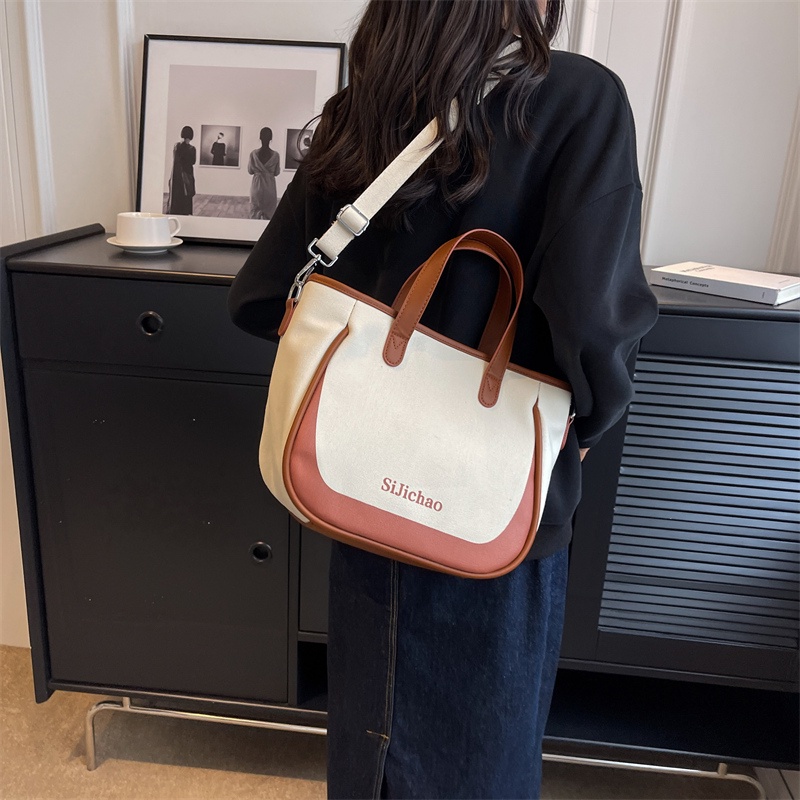Túi tote Hình Vuông Bằng Vải Bạt Màu Tương Phản Thời Trang Hàn Quốc Cho Nữ