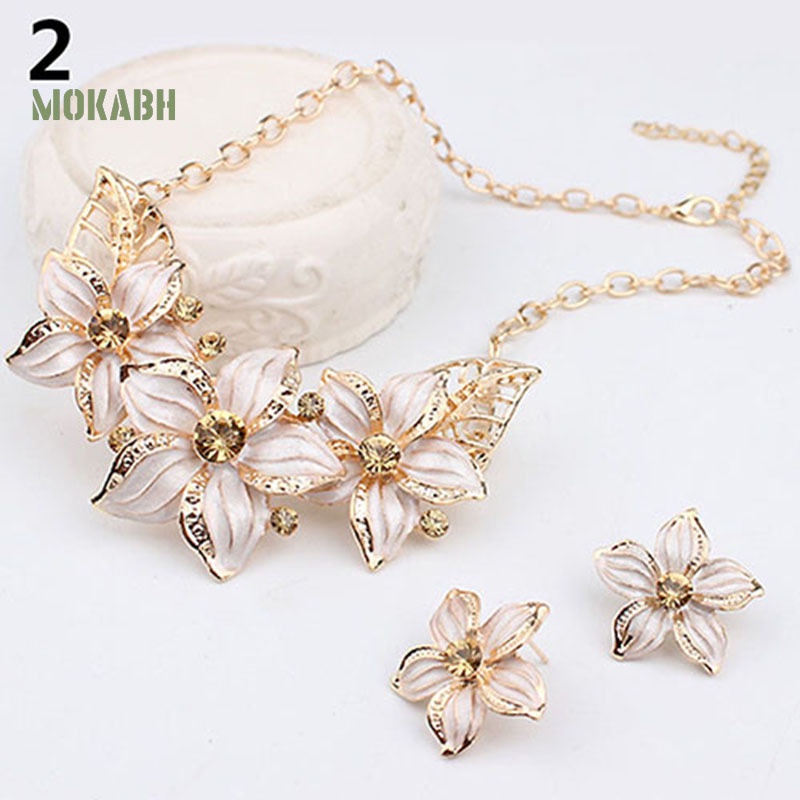 Bộ Vòng cổ + Bông Tai Đính Đá Hình Hoa Thời Trang Cho Nữ