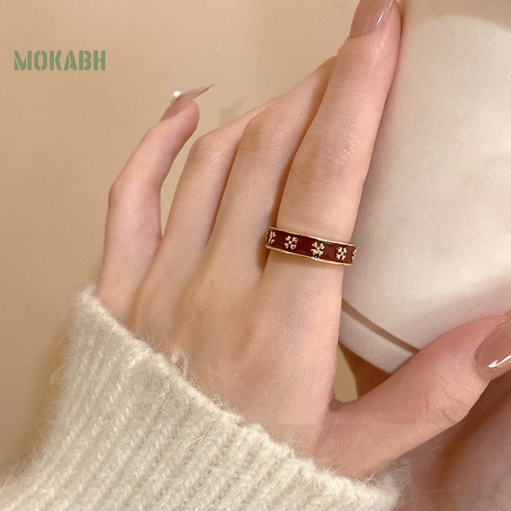 [Mới] Nhẫn Dạng Mở Hình Cỏ Bốn Lá Bằng Kim Loại Tráng Men Màu Đỏ Thanh Lịch Có Thể Điều Chỉnh Kích